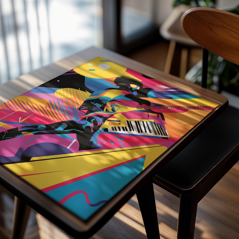 Colorful abstract poster with a musician playing guitar and keyboard, as a premium aluminum metal print from GoMetalPrint.
