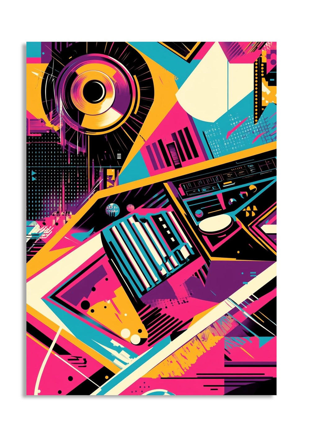 Colorful abstract design with musical instruments on a white background, as a premium aluminum metal print from GoMetalPrint.
