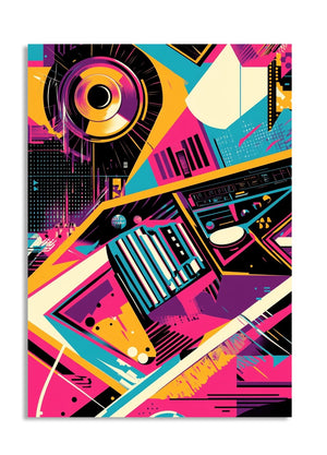 Colorful abstract design with musical instruments on a white background, as a premium aluminum metal print from GoMetalPrint.
