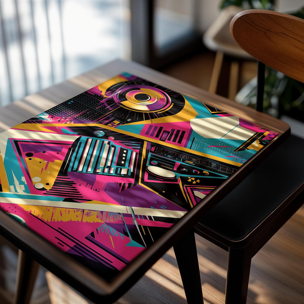 Colorful abstract design with musical instruments on a white background, as a premium aluminum metal print from GoMetalPrint.
