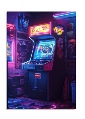 Vintage arcade machine in a neon-lit room with posters on the wall, as a premium aluminum metal print from GoMetalPrint.
