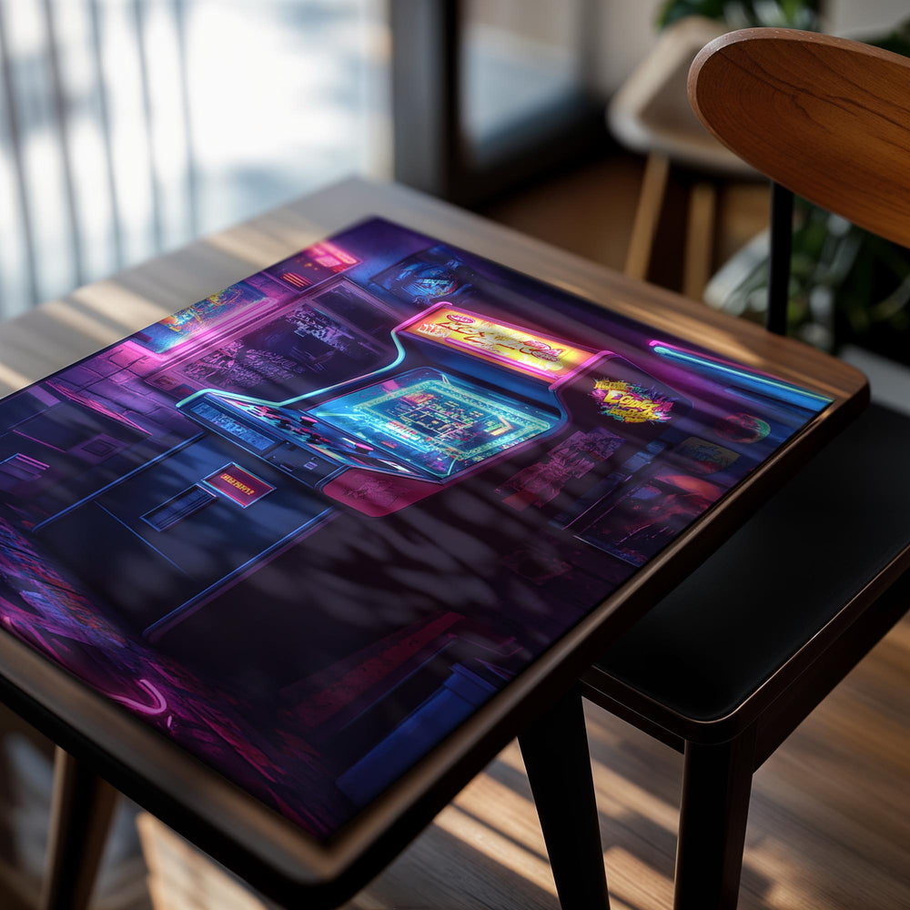 Vintage arcade machine in a neon-lit room with posters on the wall, as a premium aluminum metal print from GoMetalPrint.
