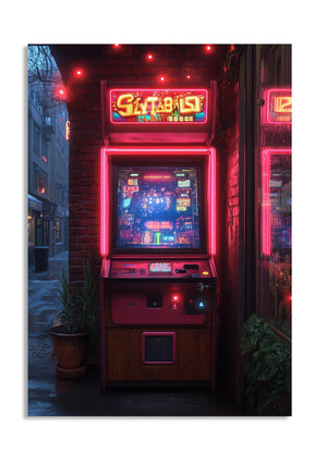 Vintage arcade machine with bright red neon lights in an urban setting, as a premium aluminum metal print from GoMetalPrint.

