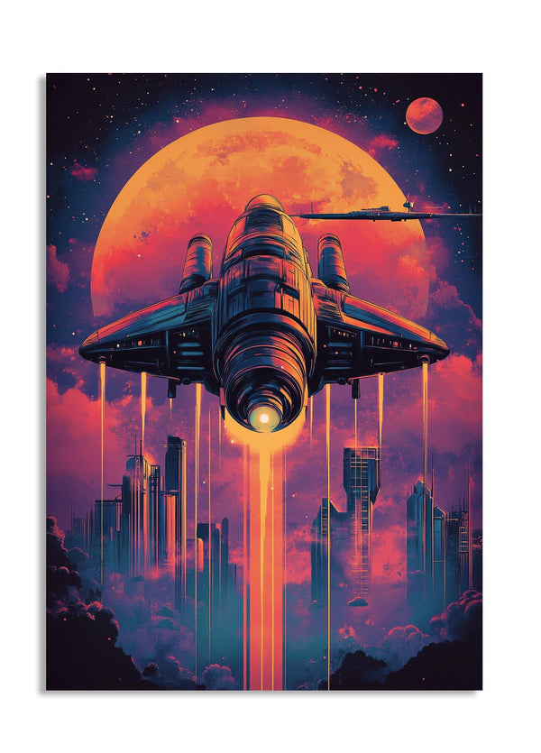 Futuristic spaceship over a city with a large orange planet in the sky, as a premium aluminum metal print from GoMetalPrint.

