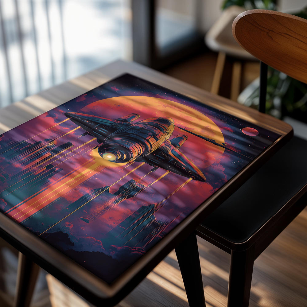 Futuristic spaceship over a city with a large orange planet in the sky, as a premium aluminum metal print from GoMetalPrint.
