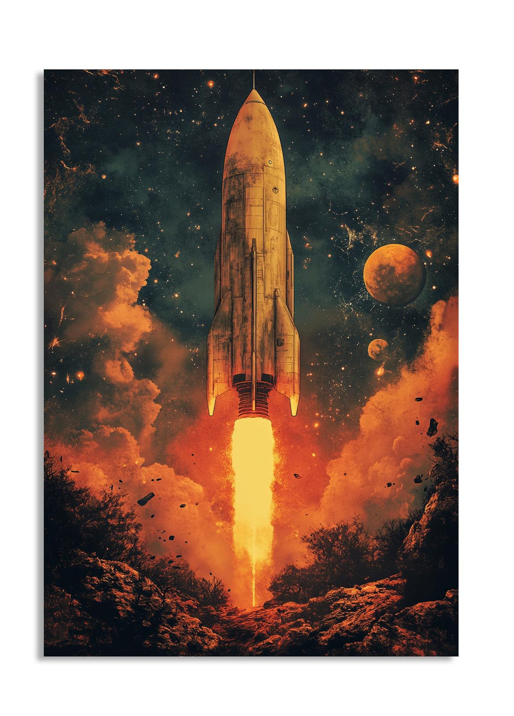 Rocket launching into space with a planet and stars in the background, as a premium aluminum metal print from GoMetalPrint.
