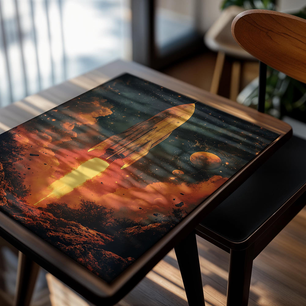 Rocket launching into space with a planet and stars in the background, as a premium aluminum metal print from GoMetalPrint.
