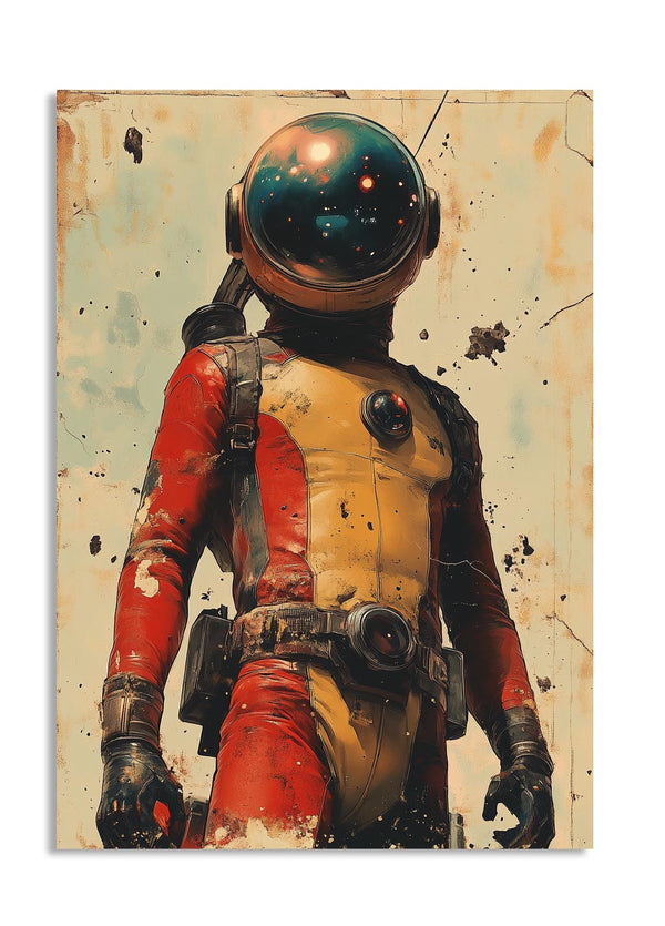Artistic depiction of an astronaut in a vintage-style setting, as a premium aluminum metal print from GoMetalPrint.
