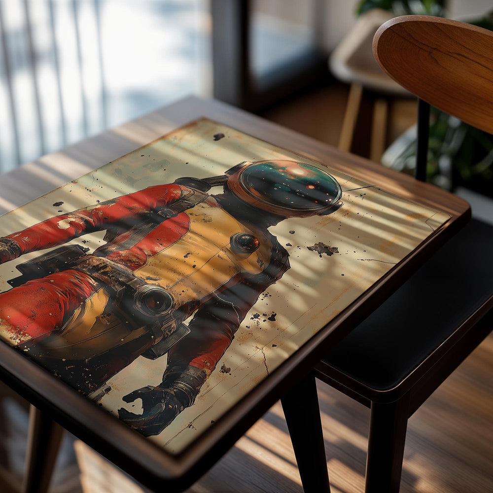 Artistic depiction of an astronaut in a vintage-style setting, as a premium aluminum metal print from GoMetalPrint.
