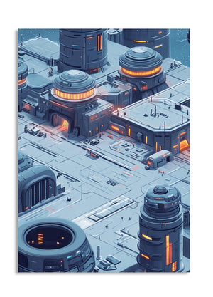 Futuristic cityscape with advanced technology and glowing elements, as a premium aluminum metal print from GoMetalPrint.
