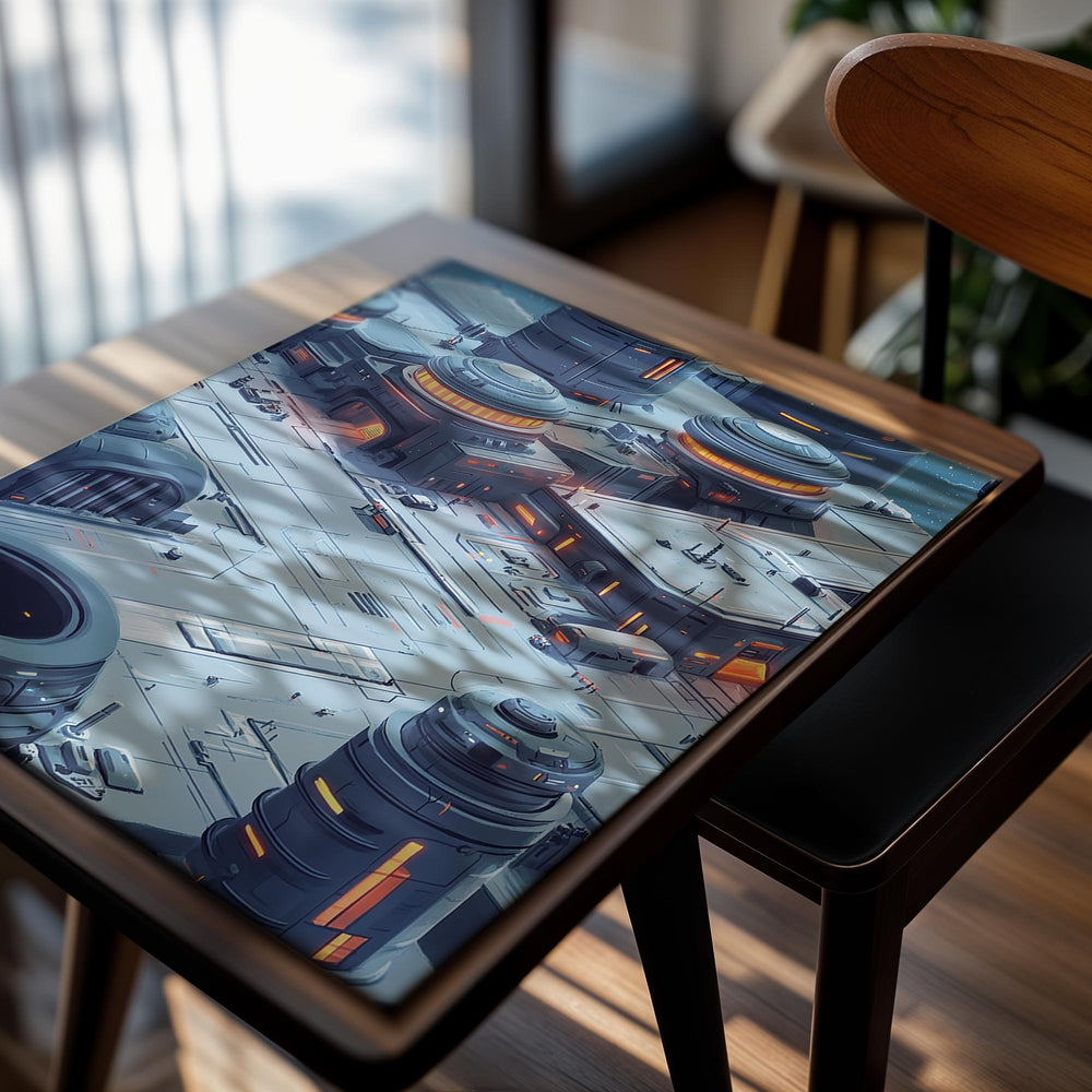 Futuristic cityscape with advanced technology and glowing elements, as a premium aluminum metal print from GoMetalPrint.
