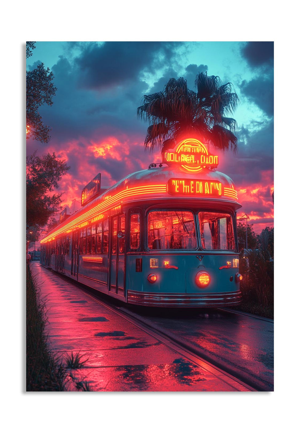 Vintage tram with neon lights on a street at sunset with palm trees and colorful sky , as a premium aluminum metal print from GoMetalPrint.
