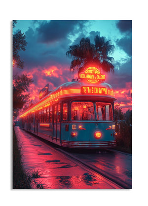 Vintage tram with neon lights on a street at sunset with palm trees and colorful sky , as a premium aluminum metal print from GoMetalPrint.
