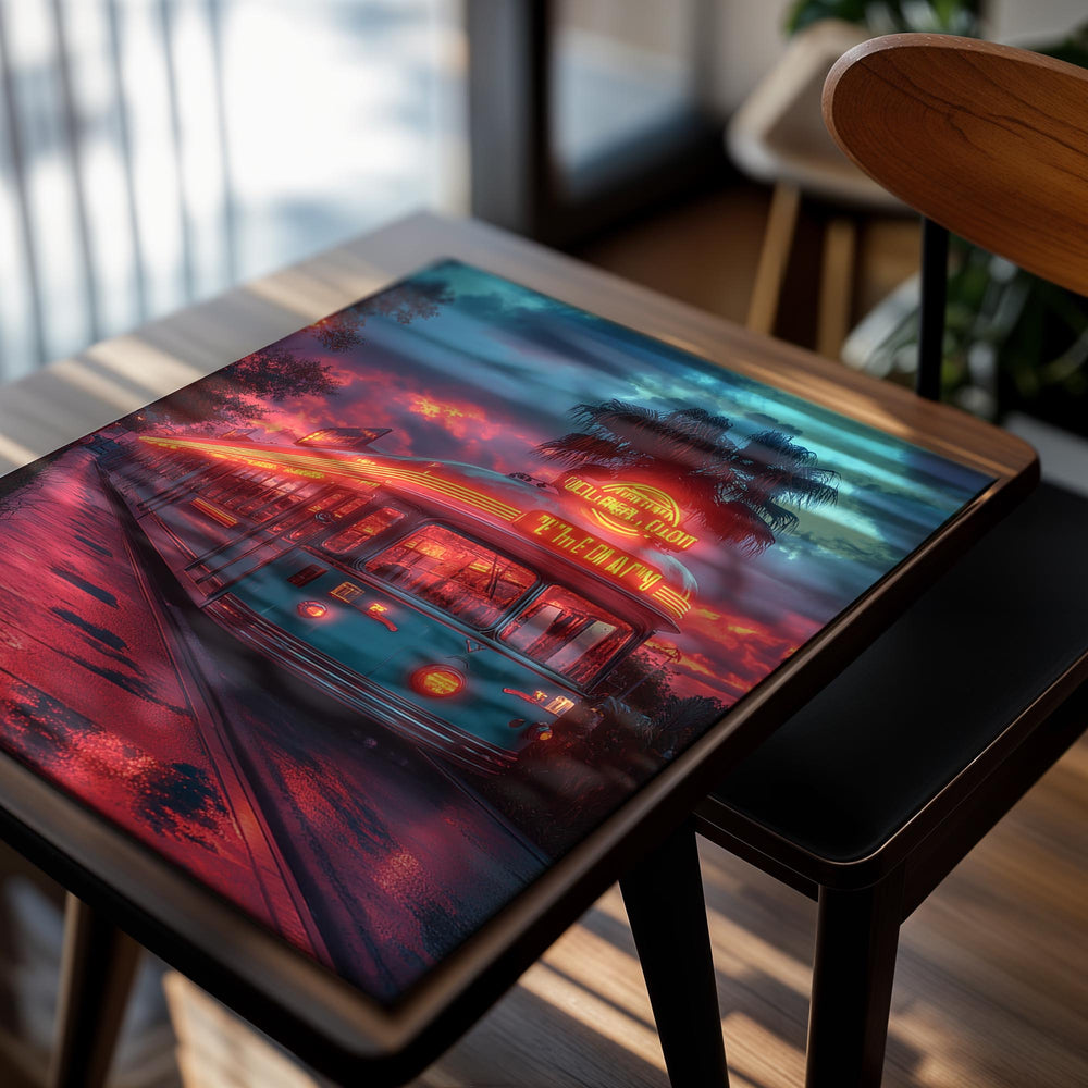 Vintage tram with neon lights on a street at sunset with palm trees and colorful sky , as a premium aluminum metal print from GoMetalPrint.
