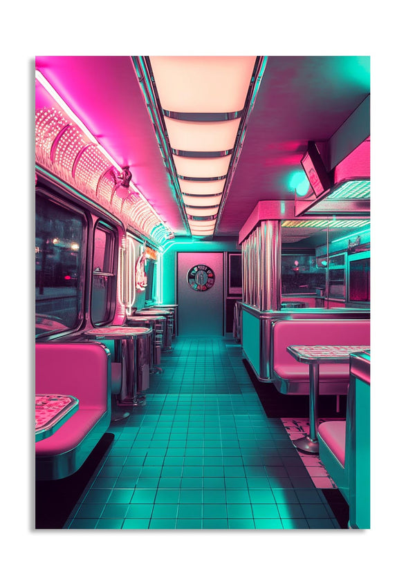Neon-lit interior of a diner with pink and green colors, as a premium aluminum metal print from GoMetalPrint.
