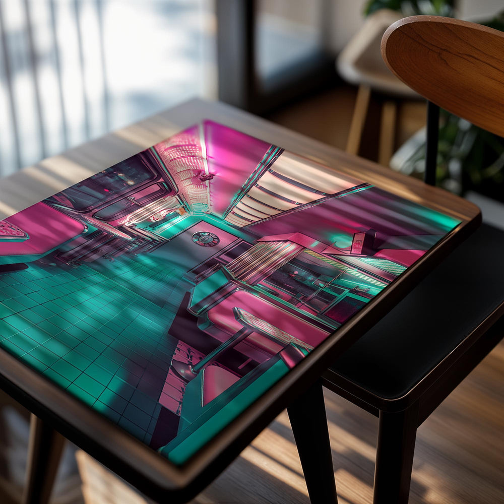 Neon-lit interior of a diner with pink and green colors, as a premium aluminum metal print from GoMetalPrint.
