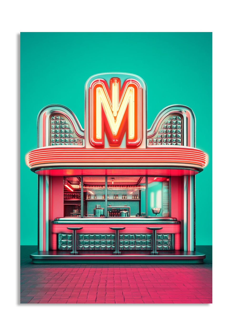 Neon sign with a large 'M' on a teal background, as a premium aluminum metal print from GoMetalPrint.
