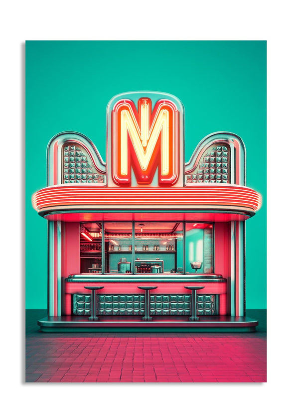 Neon sign with a large 'M' on a teal background, as a premium aluminum metal print from GoMetalPrint.
