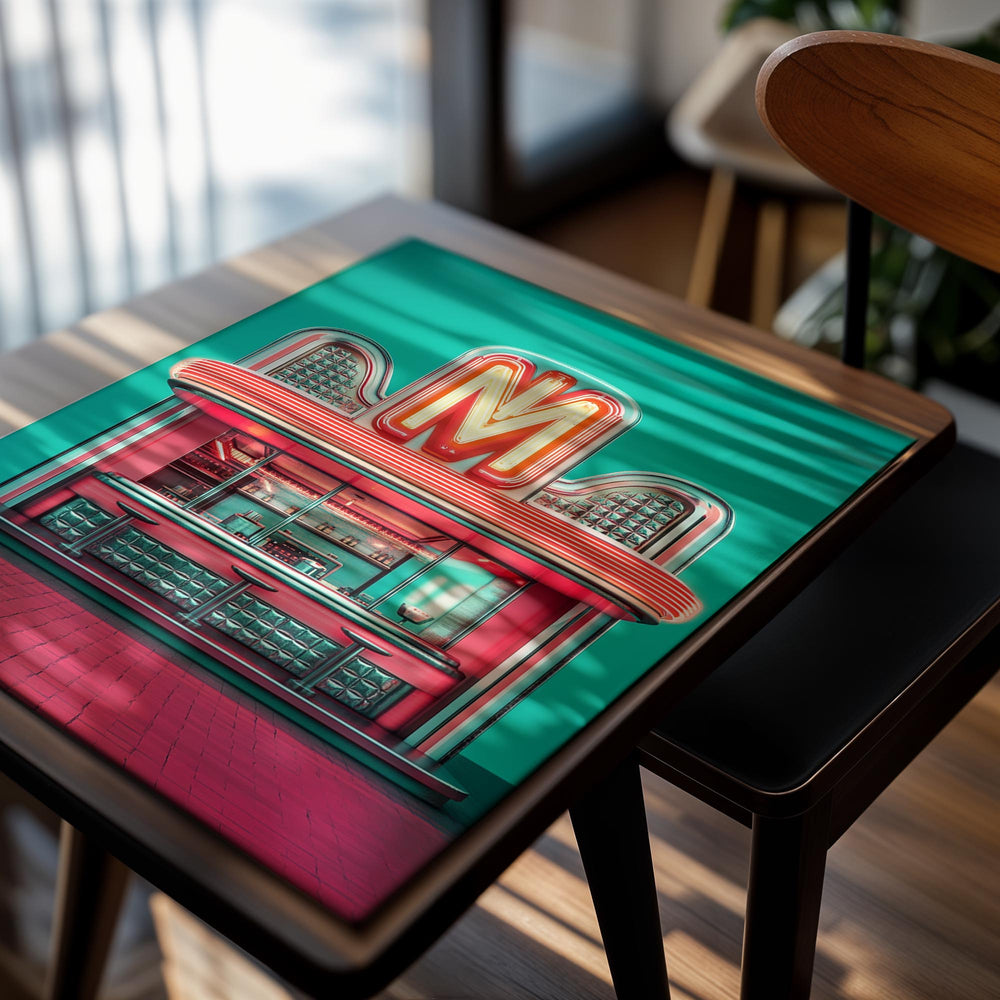 Neon sign with a large 'M' on a teal background, as a premium aluminum metal print from GoMetalPrint.
