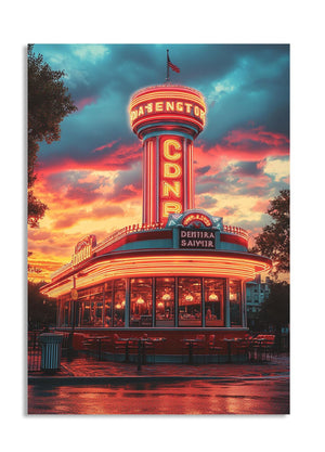 Neon-lit building with 'Café du Nord' sign against a colorful sunset sky, as a premium aluminum metal print from GoMetalPrint.
