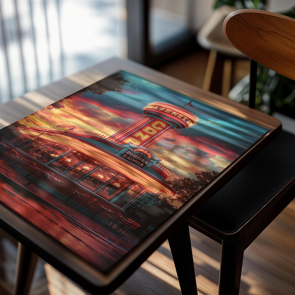 Neon-lit building with 'Café du Nord' sign against a colorful sunset sky, as a premium aluminum metal print from GoMetalPrint.

