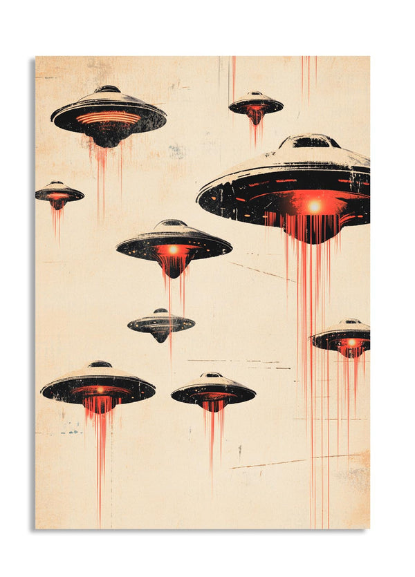 Illustration of UFOs with red liquid dripping on a beige background, as a premium aluminum metal print from GoMetalPrint.
