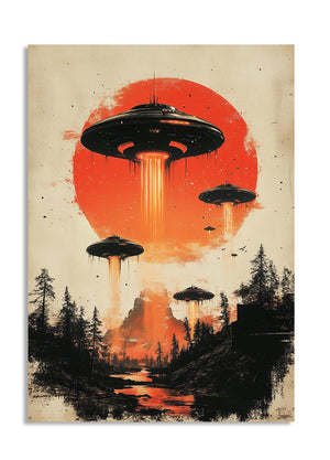 UFOs over a forest with an orange sky, as a premium aluminum metal print from GoMetalPrint.
