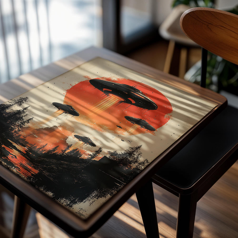 UFOs over a forest with an orange sky, as a premium aluminum metal print from GoMetalPrint.
