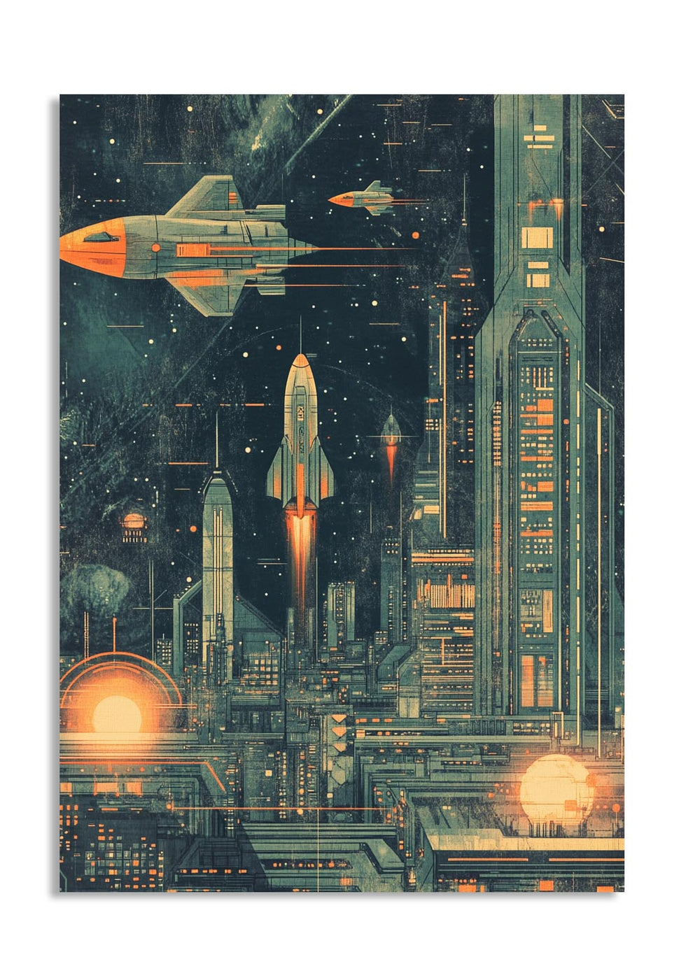 Futuristic cityscape with spaceships and advanced architecture against a starry sky , as a premium aluminum metal print from GoMetalPrint.
