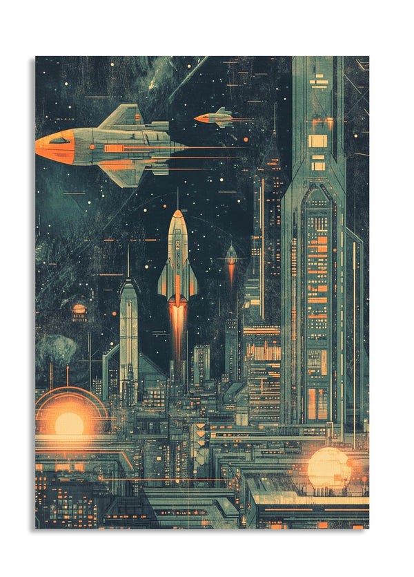 Futuristic cityscape with spaceships and advanced architecture against a starry sky , as a premium aluminum metal print from GoMetalPrint.
