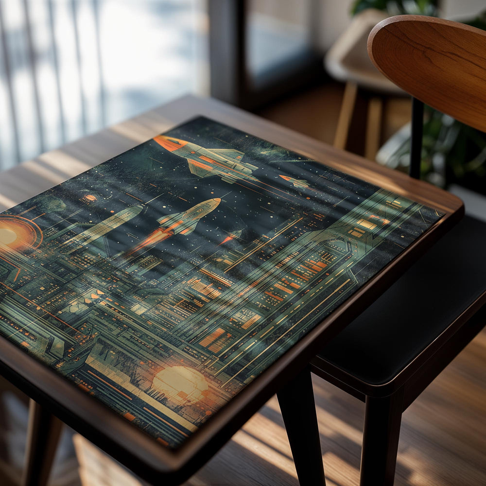 Futuristic cityscape with spaceships and advanced architecture against a starry sky , as a premium aluminum metal print from GoMetalPrint.
