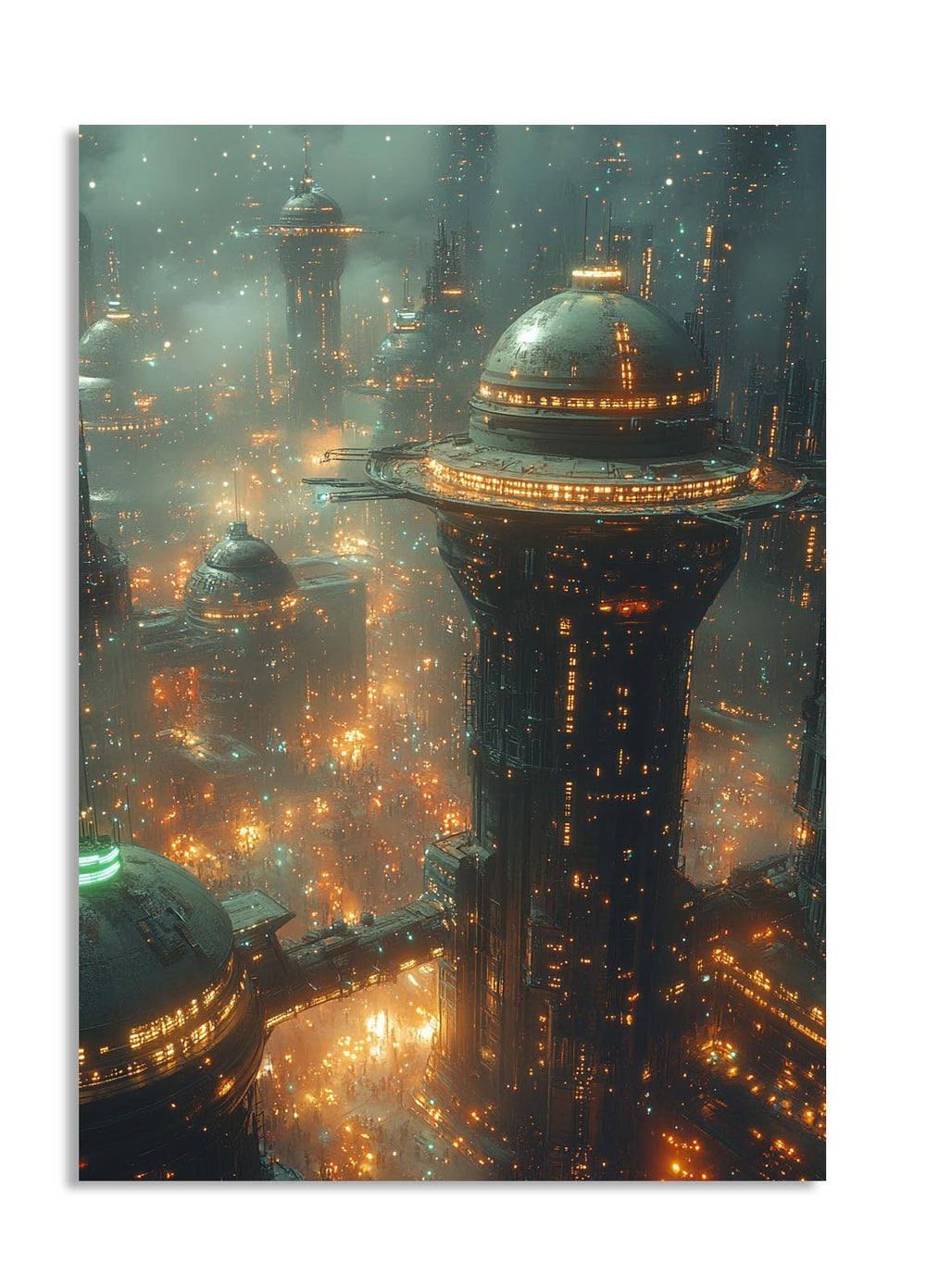 Futuristic cityscape with tall buildings and glowing lights, as a premium aluminum metal print from GoMetalPrint.
