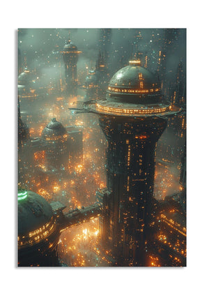 Futuristic cityscape with tall buildings and glowing lights, as a premium aluminum metal print from GoMetalPrint.
