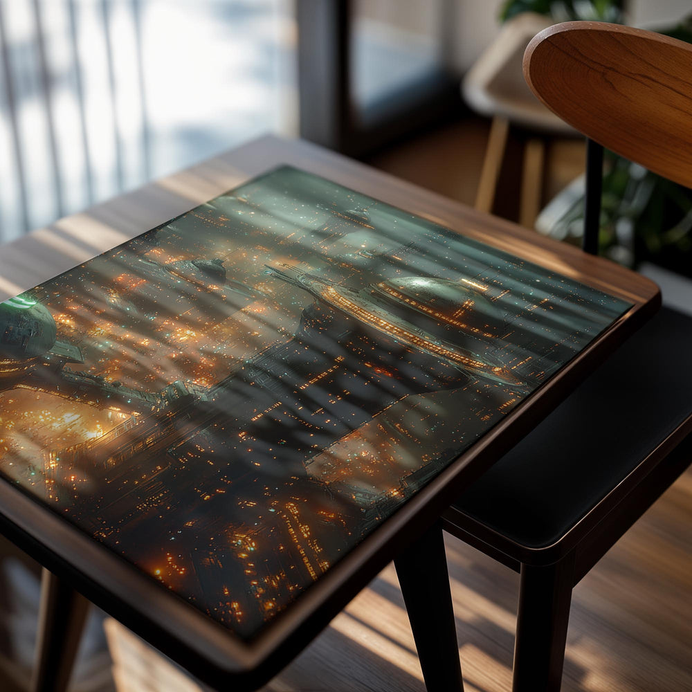 Futuristic cityscape with tall buildings and glowing lights, as a premium aluminum metal print from GoMetalPrint.
