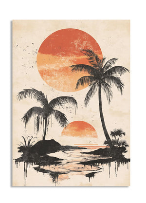Surreal landscape with palm trees and orange suns on a beige background, as a premium aluminum metal print from GoMetalPrint.
