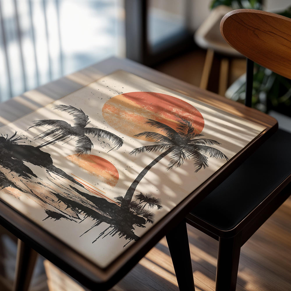 Surreal landscape with palm trees and orange suns on a beige background, as a premium aluminum metal print from GoMetalPrint.
