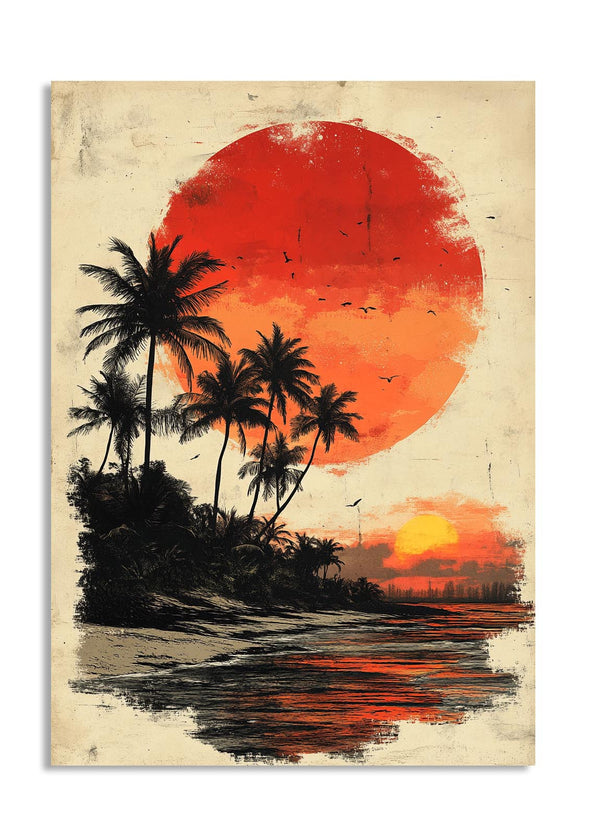 Surreal sunset with palm trees and a large red sun on a textured background, as a premium aluminum metal print from GoMetalPrint.

