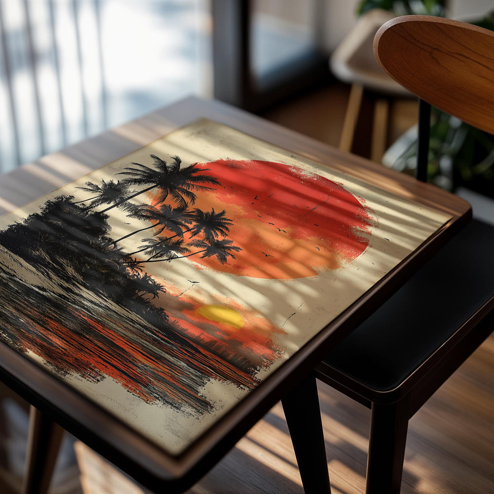 Surreal sunset with palm trees and a large red sun on a textured background, as a premium aluminum metal print from GoMetalPrint.
