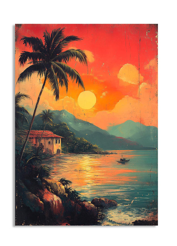 Surreal sunset scene with palm tree, house, and boat on water, as a premium aluminum metal print from GoMetalPrint.
