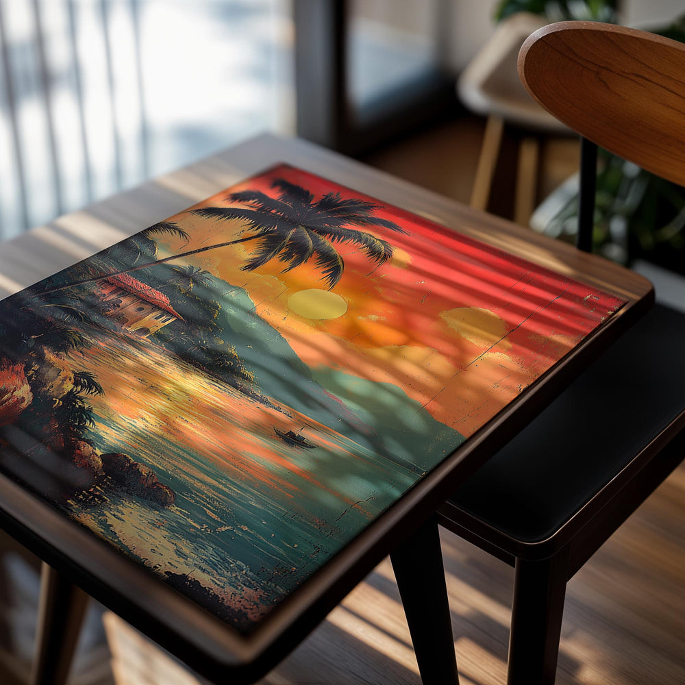 Surreal sunset scene with palm tree, house, and boat on water, as a premium aluminum metal print from GoMetalPrint.
