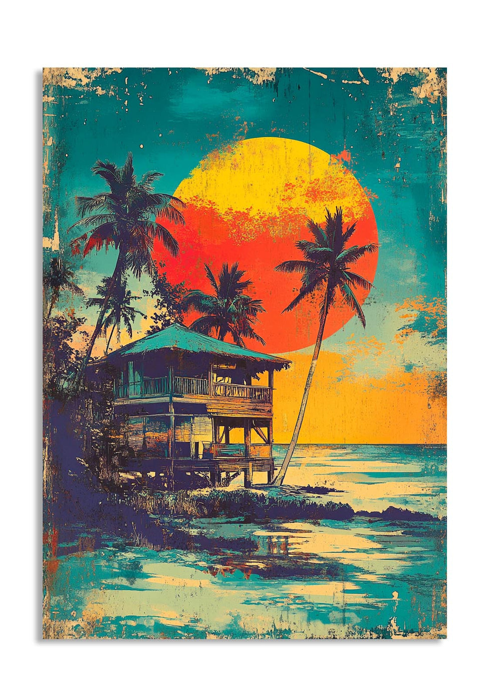 Artistic depiction of a tropical beach scene with a hut and palm trees under a large sun, as a premium aluminum metal print from GoMetalPrint.
