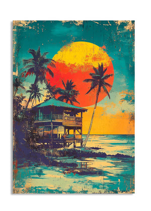Artistic depiction of a tropical beach scene with a hut and palm trees under a large sun, as a premium aluminum metal print from GoMetalPrint.
