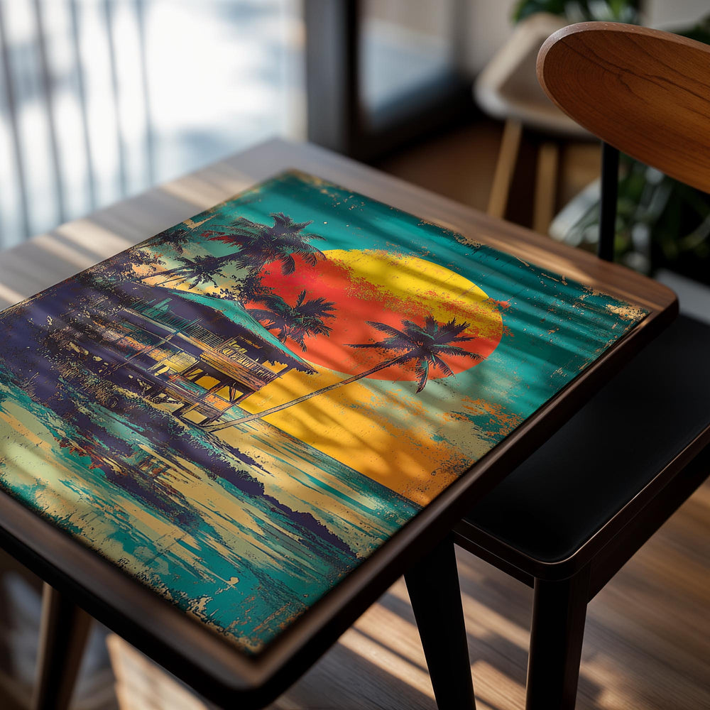 Artistic depiction of a tropical beach scene with a hut and palm trees under a large sun, as a premium aluminum metal print from GoMetalPrint.
