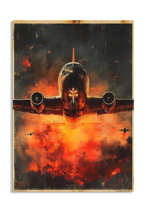 Artistic depiction of an airplane with a fiery background, as a premium aluminum metal print from GoMetalPrint.
