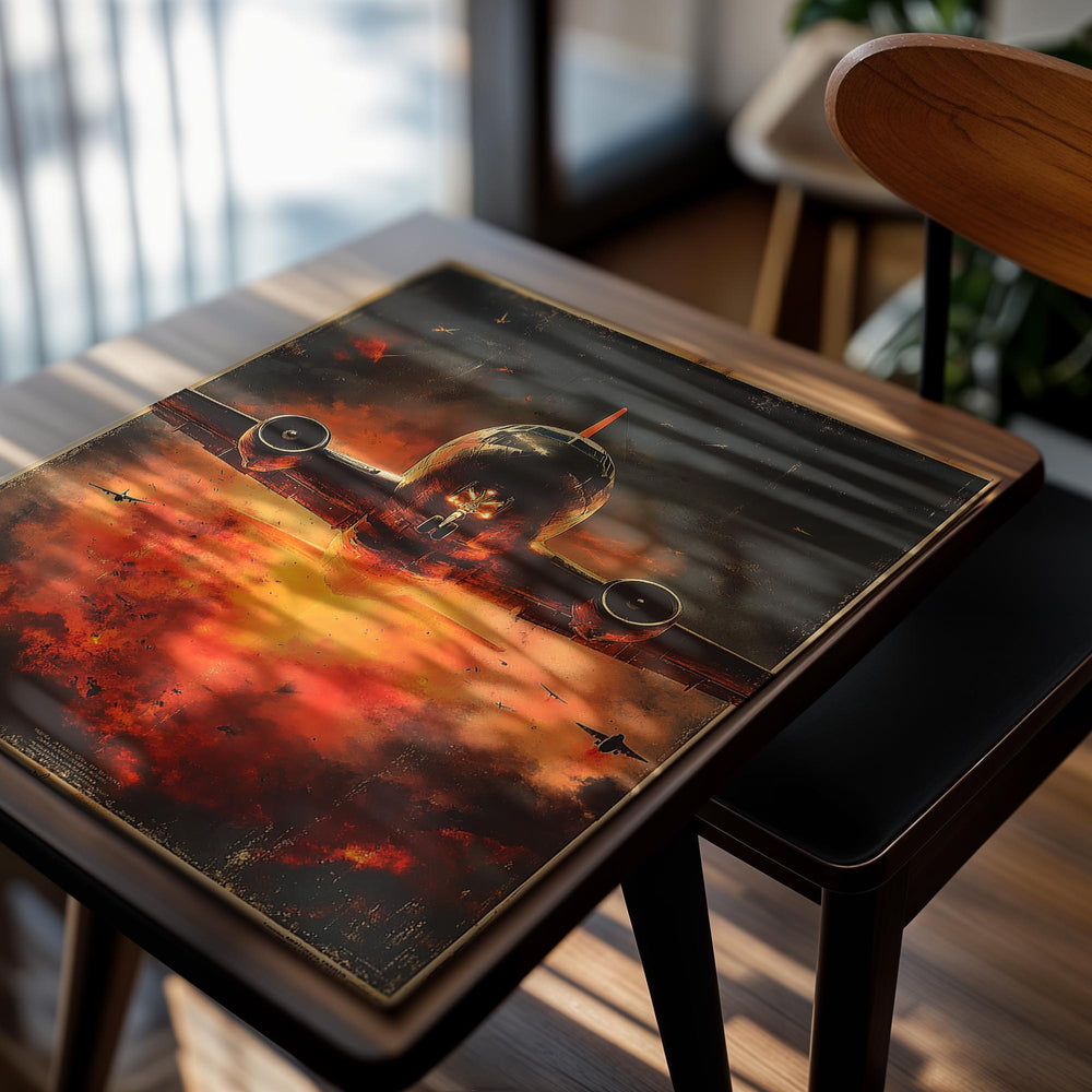 Artistic depiction of an airplane with a fiery background, as a premium aluminum metal print from GoMetalPrint.
