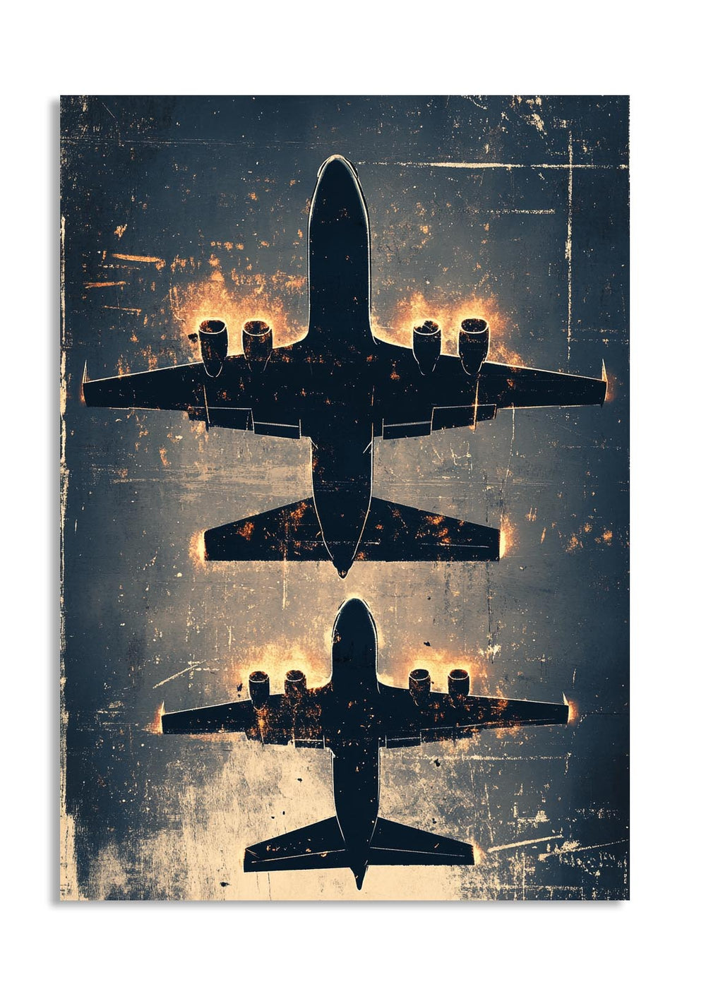 Silhouette of an airplane on a textured background with warm tones, as a premium aluminum metal print from GoMetalPrint.
