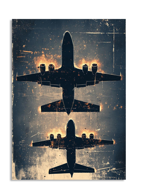 Silhouette of an airplane on a textured background with warm tones, as a premium aluminum metal print from GoMetalPrint.
