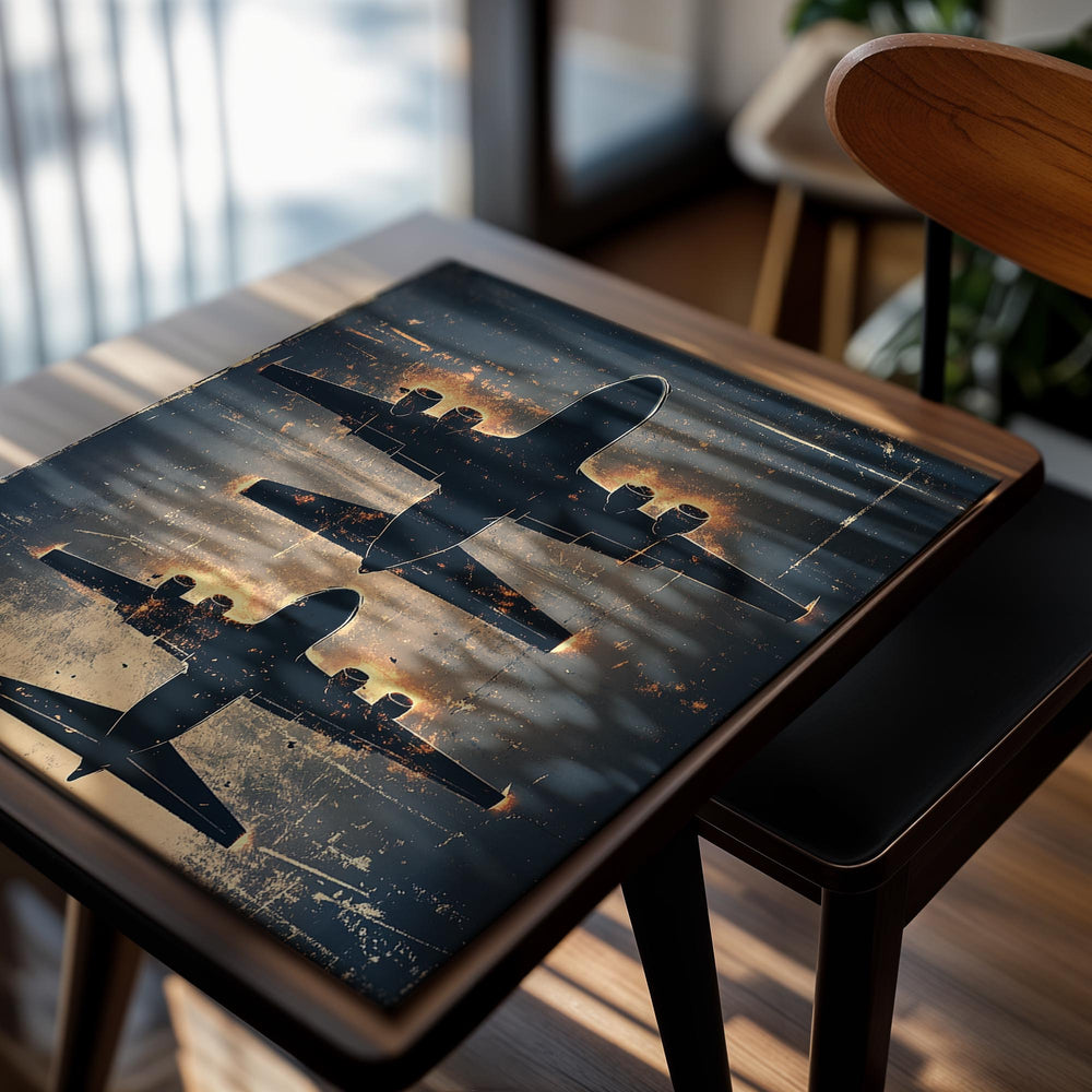 Silhouette of an airplane on a textured background with warm tones, as a premium aluminum metal print from GoMetalPrint.
