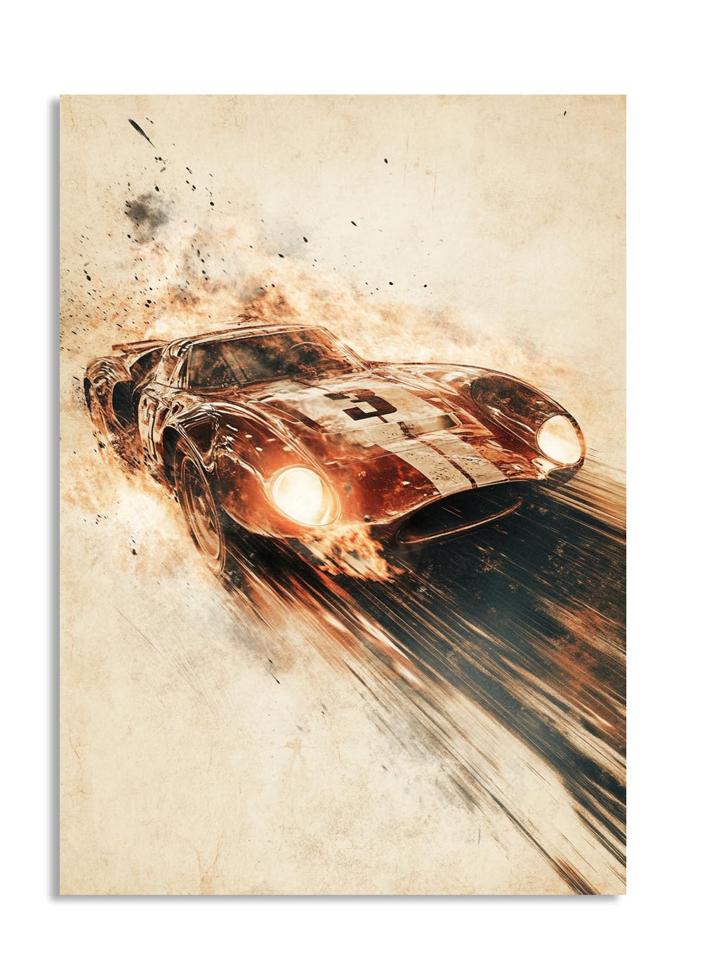Artistic depiction of a vintage race car on a textured background, as a premium aluminum metal print from GoMetalPrint.
