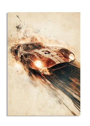Artistic depiction of a vintage race car on a textured background, as a premium aluminum metal print from GoMetalPrint.

